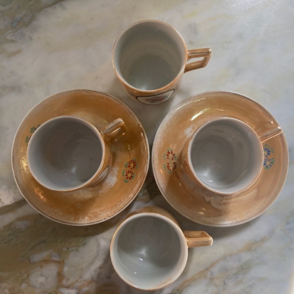 Japanese Orange Porcelain Lustreware 4 Demitasse Cups & 2 Saucers, 1940's - Picture 7 of 13